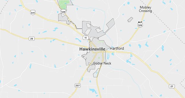 Map of Hawkinsville, GA