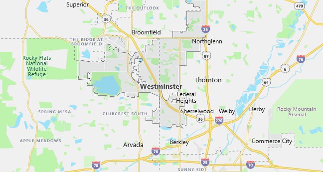 Map of Westminster, CO